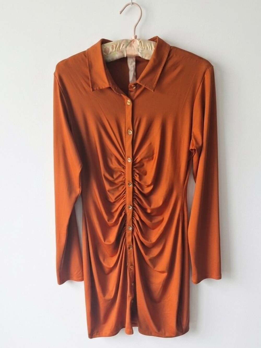 GUESS Burnt Orange Ruched Long Sleeve Button Front Mini Dress Sz Large